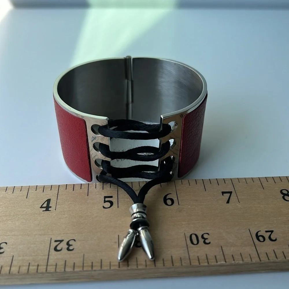 Adjustable red leather and silver hinged bracelet